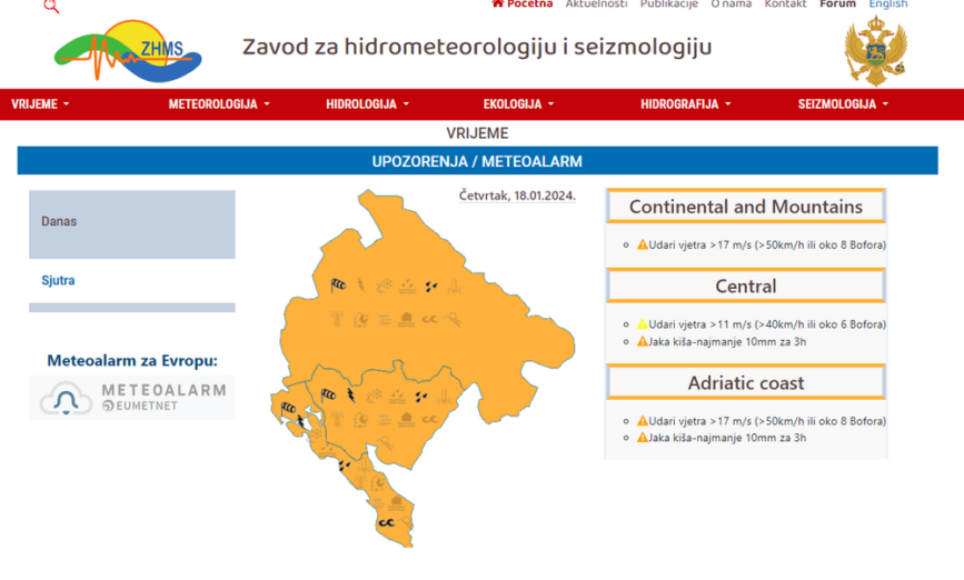 Danas narandžasti meteoalarm: Kiša, pljuskovi, jak vjetar…