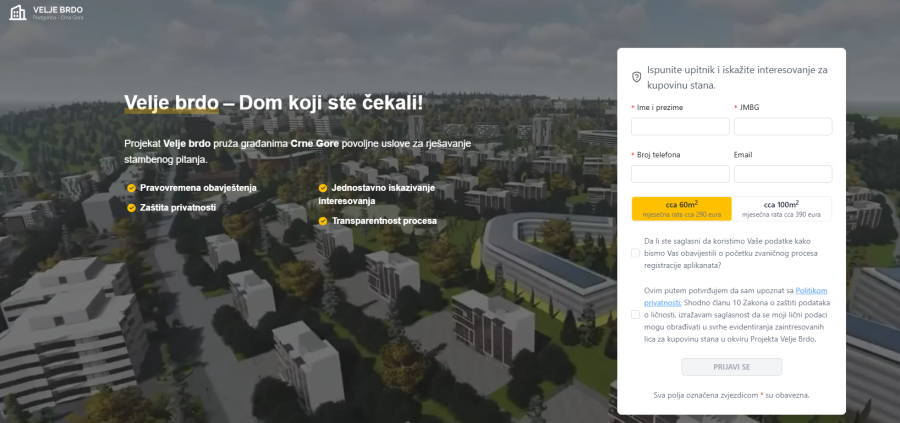 Aktivan portal za prijavu interesovanja za “Velje brdo”